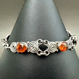 Vintage Sterling Silver 925 Amber stone scroll design Link Bracelet 6 3/4"